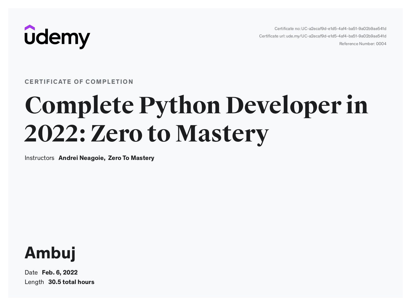 Python Zero to Mastery Certificate